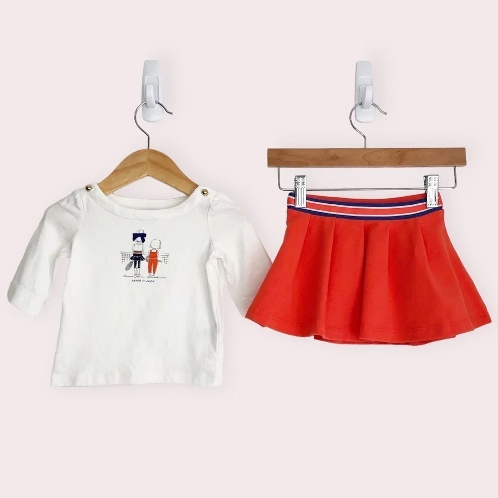 Janie and Jack matching set skirt and‎ shirt orange pleated tennis 6-12 months